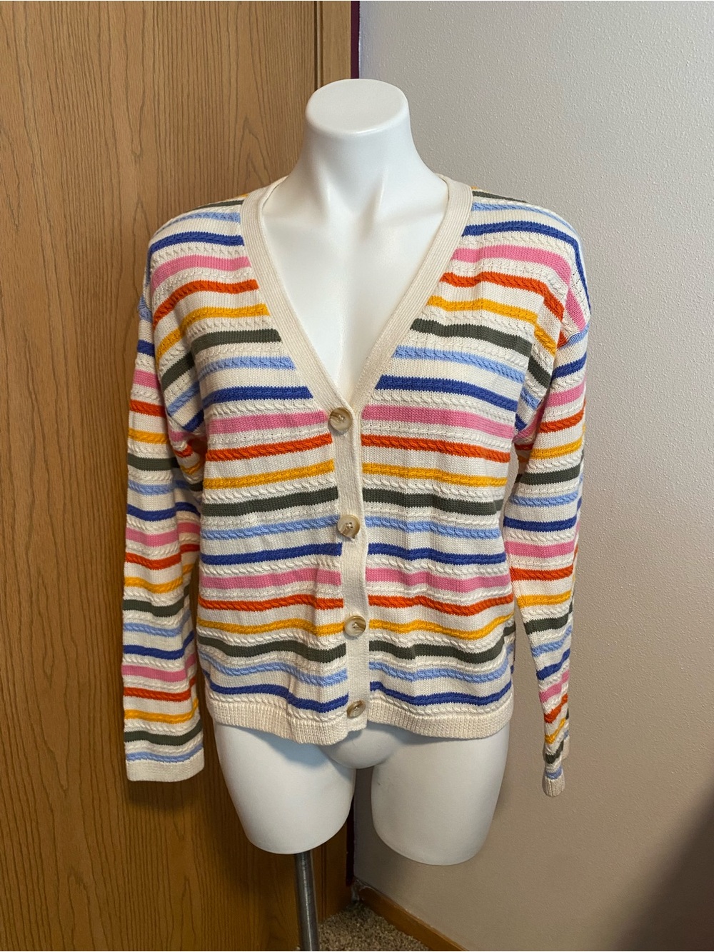 Talbots Cream V-Neck Cardigan with Multicolor Stripes